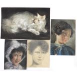 Three portraits and a seated white cat, four German school pencil and chalks on paper, each