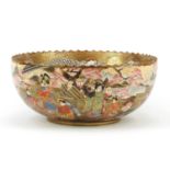 Japanese Satsuma pottery bowl hand painted with figures, immortals and dragons, six figure character