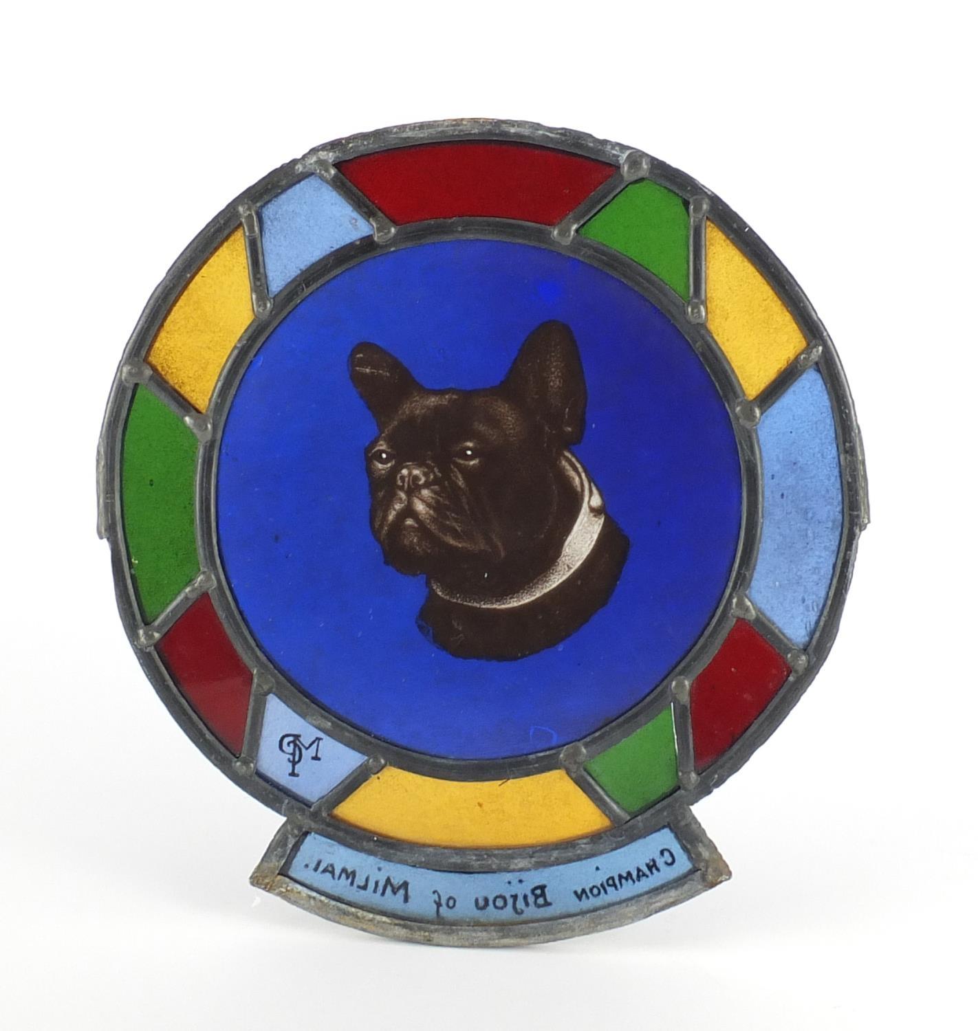 Early 20th century Leaded stain glass panel hand painted with a bulldog, inscribed Champion Bijou Of - Image 3 of 3