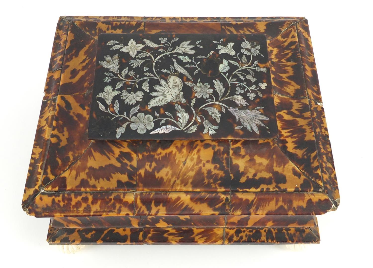 19th century tortoiseshell and ivory sewing box, the hinged lid with mother of pearl floral inlay, - Image 3 of 6