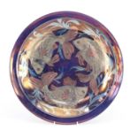 Johnathon Chiswell Jones lustre charger hand painted with three stylised fish, painted marks and