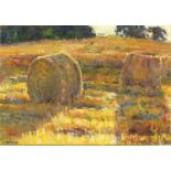 Ron Arthaund 1992 - Straw bales, oil on board, inscription and gallery label verso, mounted and