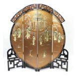 Chinese lacquered four fold room divider, decorated in relief with females around a pagoda, 183cm