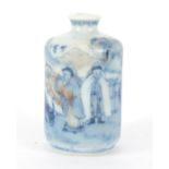 Chinese blue and white porcelain snuff bottle, hand painted with figures in a landscape, character