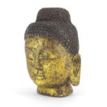 Carved stone gilded Buddha head, 19cm high :For Further Condition Reports Please Visit Our