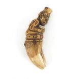 Ivory tooth carved with a monkey, 8cm in length :For Further Condition Reports Please Visit Our