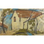 Circle of Ivon Hitchens - A white house, oil on canvas, label verso, unframed, 92cm x 57cm :For