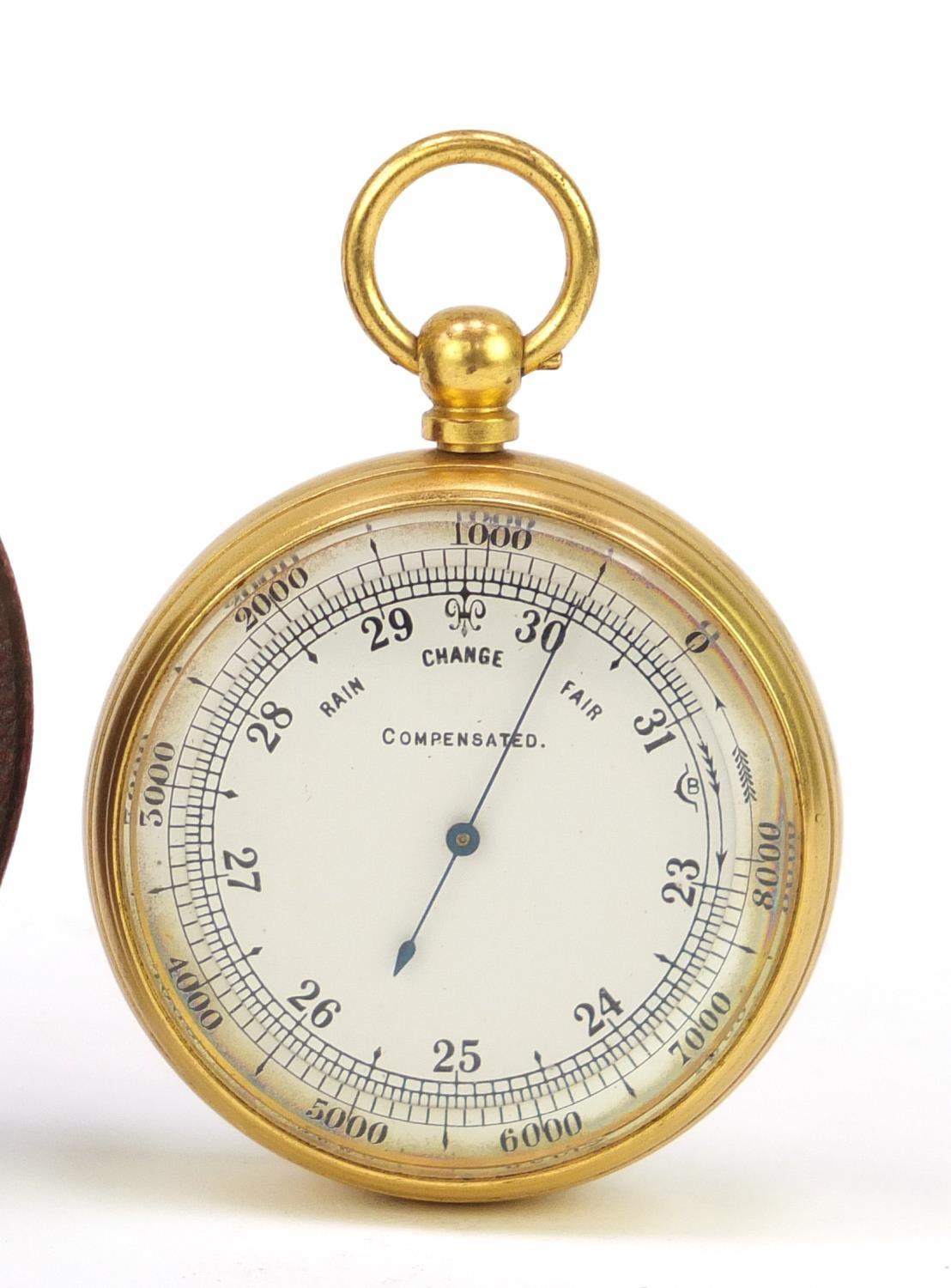 Gilt brass pocket compensated barometer, housed in a velvet and silk lined leather case, 5cm in - Image 2 of 4