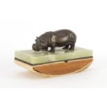 Art Deco bronze and onyx hippopotamus design ink blotter, 15cm wide :For Further Condition Reports