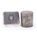Thai sterling silver niello ware cylindrical box with cover and cigarette case, the box 8.5cm