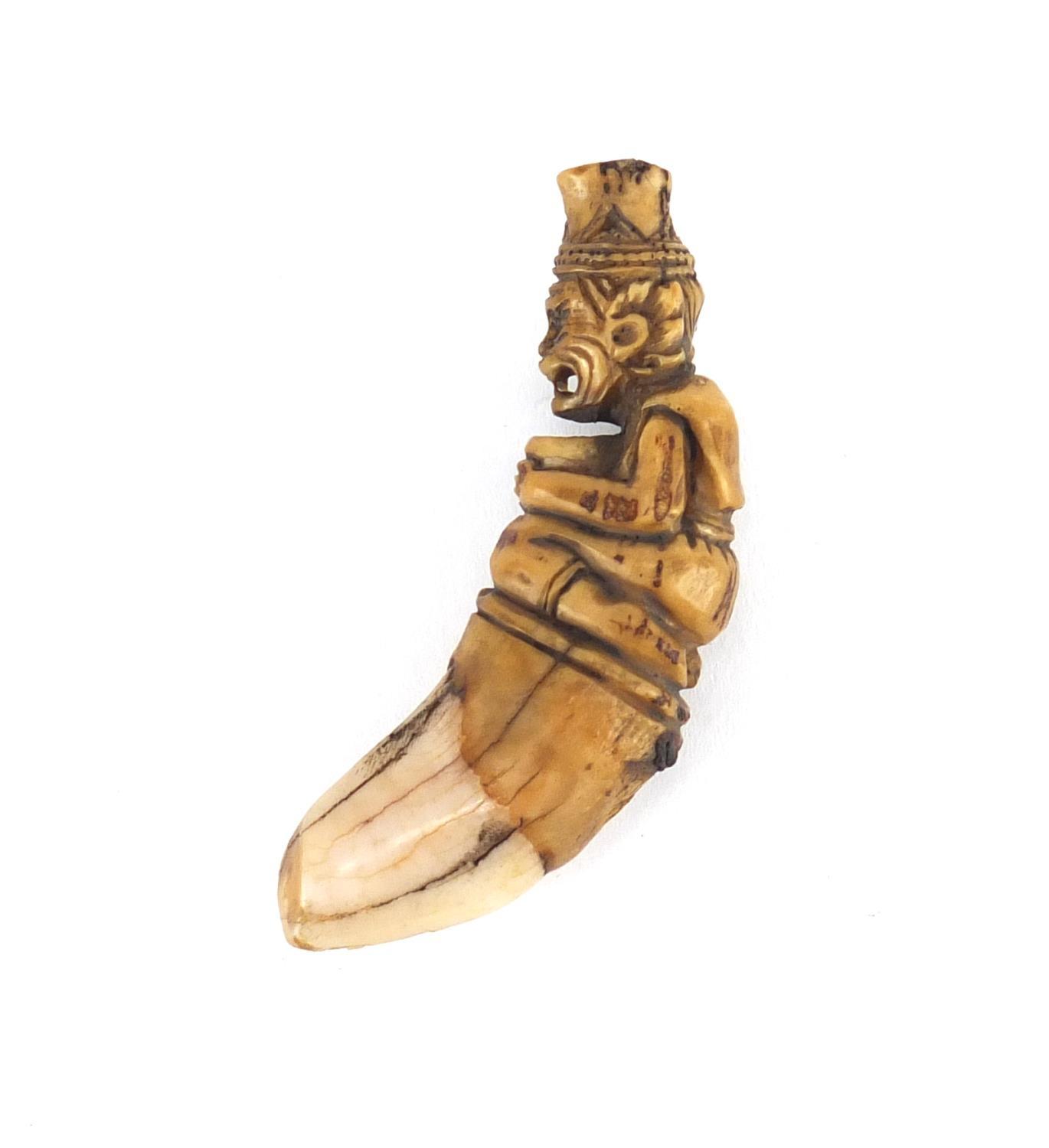 Ivory tooth carved with a monkey, 8cm in length :For Further Condition Reports Please Visit Our - Image 2 of 4