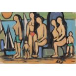 Nude figures before a harbour, Irish school gouache on paper, bearing a signature Markey, mounted