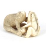 Japanese carved ivory Okimono of a monkey and frog, 7cm wide :For Further Condition Reports Please