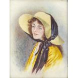 S Ashton - Portrait of a female wearing a bonnet, watercolour miniature, framed, 10.5cm x 8cm :For