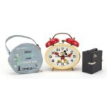 Vintage advertising comprising Ensign Mickey Mouse camera, Bradley Mickey Mouse alarm clock and a