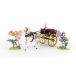 Beswick dapple grey horse with cart and two Royal Worcester flower fairies, the horse and cart