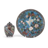 Japanese cloisonné tripod koro with cover and a plate enamelled with a bird amongst flowers, the