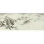 Chinese watercolour scroll, depicting a landscape, with character marks and red seal marks, Tai
