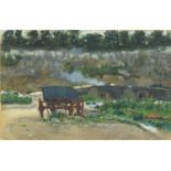 Cart at an entrance to a mine, South African school watercolour, label verso, mounted and framed,