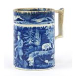 19th century blue and white pottery tankard transfer printed with a hunting scene, 12.5cm high :