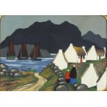 Figures and buildings before boats in water, Irish school gouache, bearing a signature Markey,