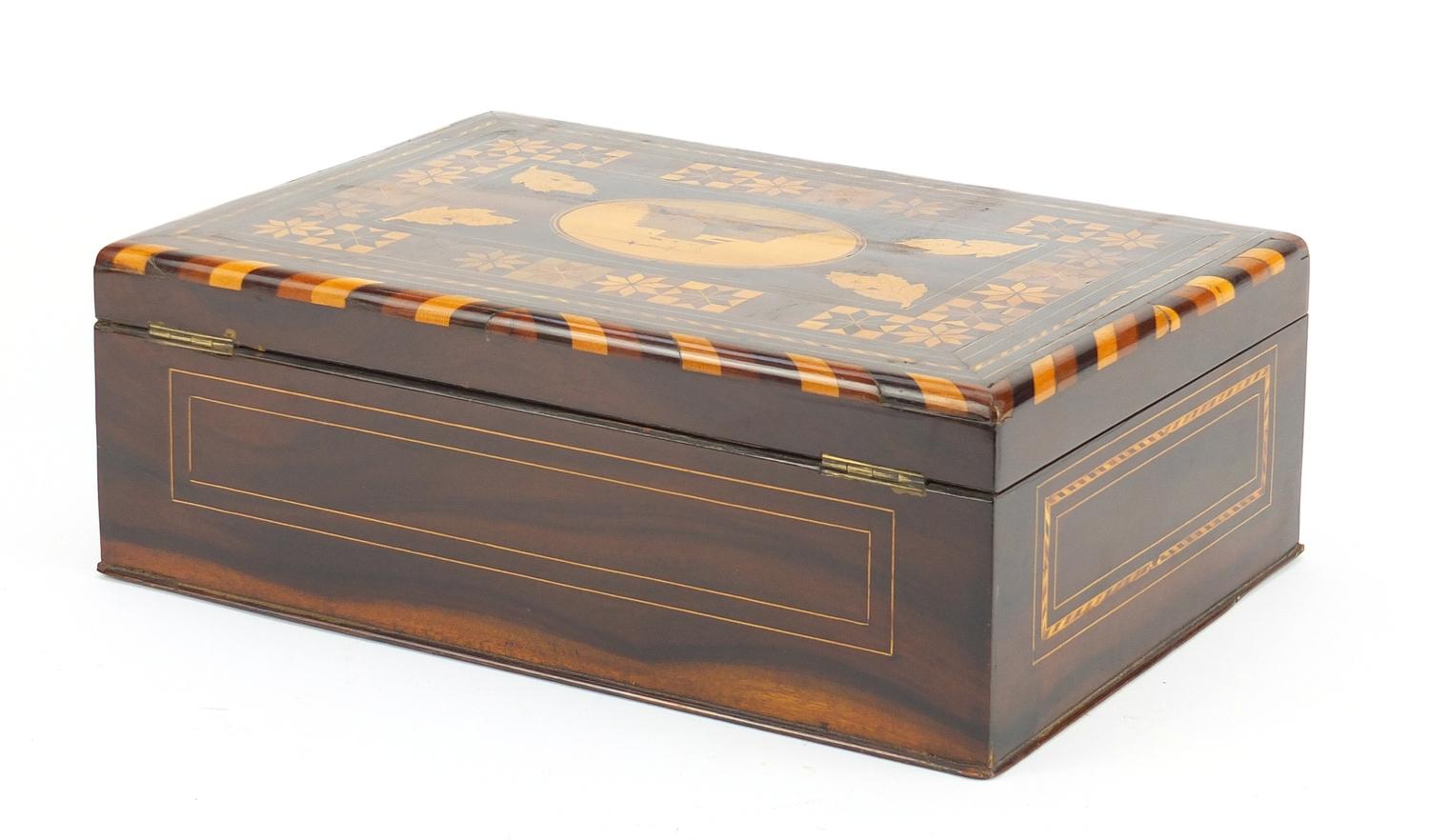 19th century rosewood wood box, the hinged lid marquetry inlaid with a view of The French Naval - Image 6 of 7