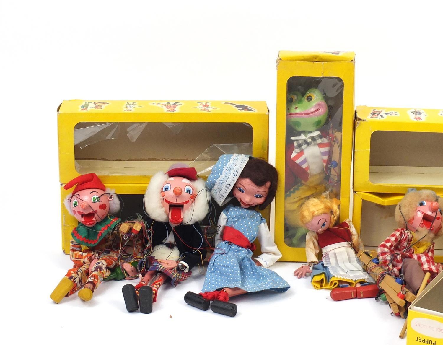 Ten vintage Pelham puppets, eight with boxes including Big Bad Wolf, frog and Pinocchio :For Further - Image 2 of 9