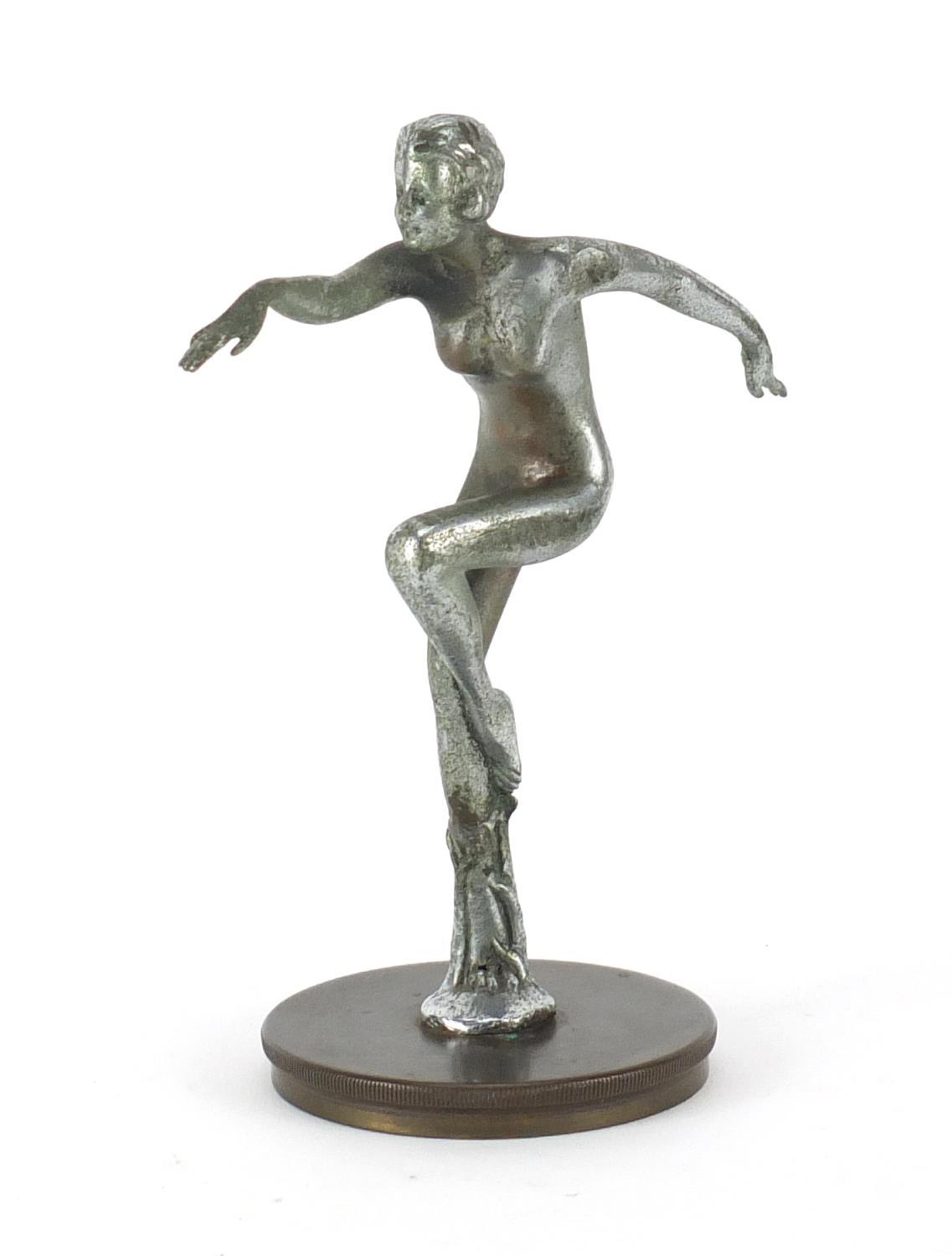 Art Deco chrome car mascot in the form of a nude female dancer, 17.5cm high :For Further Condition