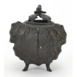 Oriental bronze three footed naturalistic koro, 14.5cm high :For Further Condition Reports Please