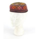 Turkmen embroidered ceremonial hat, 7.5cm high :For Further Condition Reports Please Visit Our