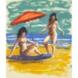 Two nude girls on a beach, oil on paper, bearing an indistinct signature possibly Jisell, framed,