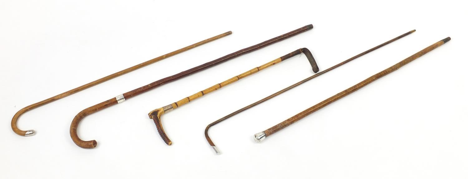 Four walking sticks with silver mounts and a Swain and Co silver mounted riding crop, the largest - Image 4 of 10