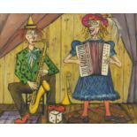 Two musicians, oil on board, bearing a signature Bernard Buffet verso, framed, 37cm x 30cm :For