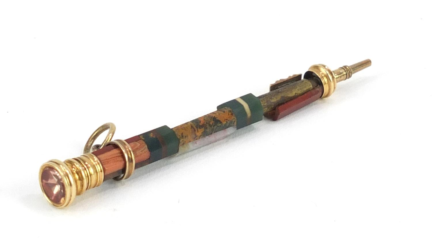 19th century unmarked gold and agate propelling pencil, 6.5cm in length when closed :For Further - Image 3 of 5