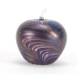 Glasform iridescent glass apple paperweight, with combed decoration by John Ditchfield, etched marks