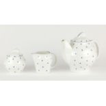 Wedgwood Susie Cooper design polka dot teapot, milk jug and sugar bowl, the teapot 18cm high :For