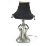Art Nouveau style table lamp in the form of a semi nude female with shade, 58cm high :For Further