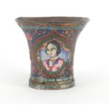 Turkish ottoman copper coffee cup, hand painted with portrait panels and flowers, 7cm high :For