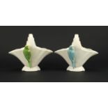 Pair of Art Deco Sylvac/Falcon Ware budgie basket vases, 21cm high :For Further Condition Reports