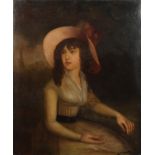 Portrait of a young female wearing a hat before a landscape, 18th/19th century oil on canvas,