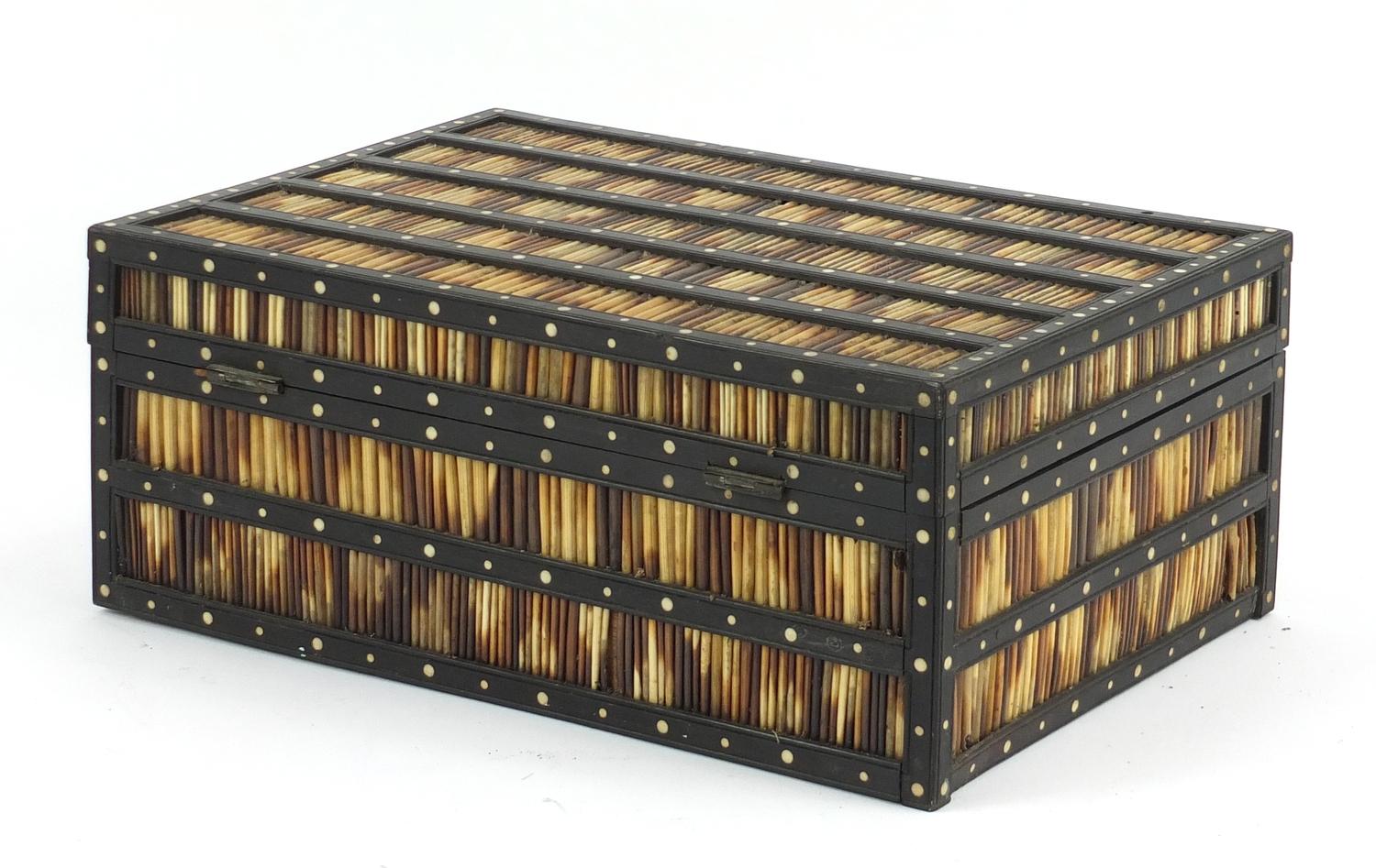 Anglo Indian ebony and porcupine quill workbox with fitted lift out interior, 12cm H x 28.5cm W x - Image 7 of 8