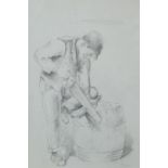 Boy sawing wood on a barrel, pencil drawing, bearing a signature John, mounted and framed, 29cm x