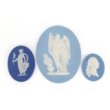 Four 19th century Wedgwood Jasper Ware panels, each decorated in relief including one of a maiden,