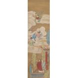 Chinese wall hanging scroll, hand painted with a female riding a phoenix above figures, 97cm x 28.