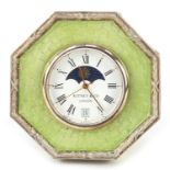 Kitney & Co silver and green guilloche enamel strut clock, with moon phase dial, London hallmarks,