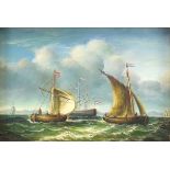 Ships on calm seas, maritime interest oil on board, label verso, framed, 16.5cm x 11.5cm :For