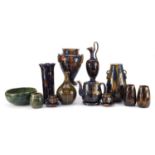 Denby pottery including three large vases, teapot on stand and a pair of miniature planters on