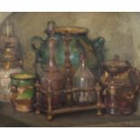 Still life items on a table, vessels, oil on canvas, bearing an indistinct signature possibly Fran
