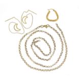 9ct gold jewellery comprising belcher link necklace, pair of earrings and a hoop earring, 7.0g :
