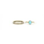 9ct gold clear stone eternity ring and a 9ct gold cabochon turquoise ring, sizes P and M, 3.3g :